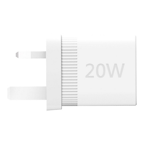 Weißes Ladegerät mit 20W Aufdruck, Netzstecker und geriffelter Oberfläche.