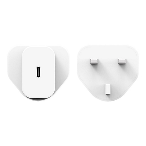 Zwei weiße Stecker auf weißem Hintergrund, einer mit USB-C-Anschluss, der andere mit drei Stiften.