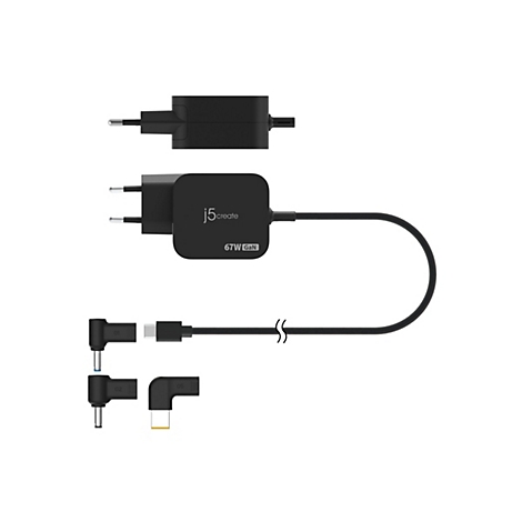 Un adaptateur secteur noir avec différents adaptateurs et câbles, étiqueté "j5create" et "67W GaN".