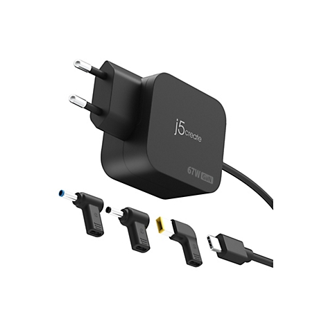 Chargeur noir avec plusieurs connecteurs. Le chargeur porte la mention "j5create 67W GaN".