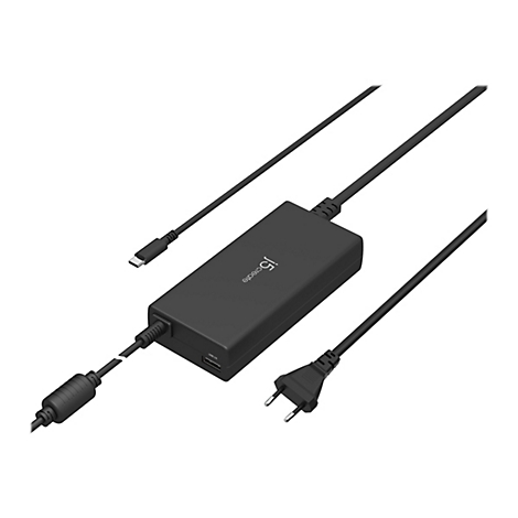 Un adaptateur secteur noir avec un connecteur USB-C, un cordon d'alimentation et une prise européenne. L'inscription "j5create" est visible sur le boîtier.