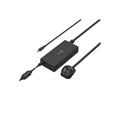 Schwarzes Netzteil mit Kabeln und Stecker. Oben links ein USB-C-Anschluss, unten ein USB 2A Anschluss.
