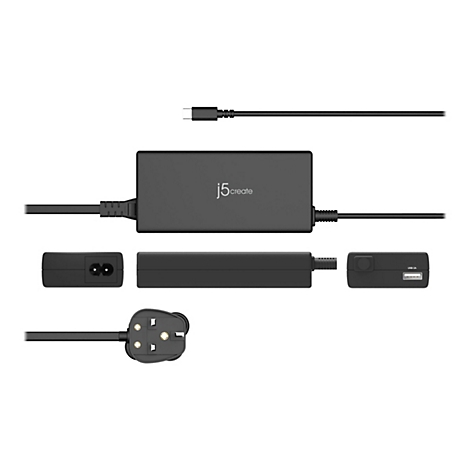 Schwarzes Netzteil mit verschiedenen Kabeln und Anschlüssen, darunter USB-C. Auf dem Gerät steht "j5create".