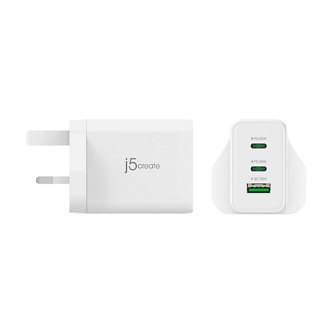 Weißes Netzteil mit 3 Anschlüssen. Aufschrift: j5create. Anschlüsse: 2 x PD 65W, 1 x QC 30W.