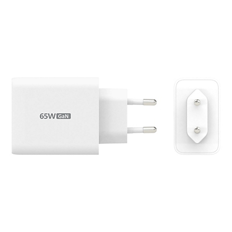 Ein weißes 65W GaN-Ladegerät, das in zwei Teile unterteilt ist. Links ist der Hauptkörper mit der Aufschrift „65W GaN“, rechts die Rückseite mit den Stiften und die Rückseite des Ladegeräts.
