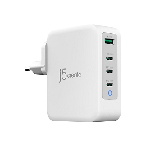 Chargeur blanc avec plusieurs ports USB. Lit "j5create".