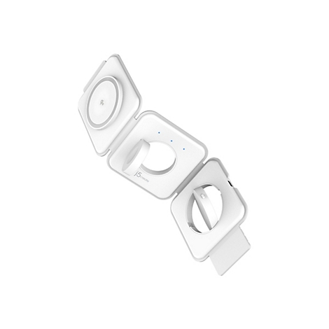 Ein weißes, zusammenklappbares Ladegerät für Geräte. Auf dem Ladegerät ist ein Qi-Symbol zu sehen.