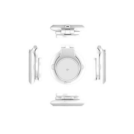 Draufsicht auf ein weißes kabelloses Ladegerät in verschiedenen Ansichten. Das Ladegerät ist mit dem Logo von j5create versehen.