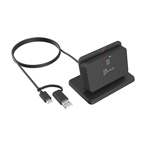 Schwarzes Ladegerät von j5create mit USB-C- und USB-A-Kabeln. Rote und blaue LED-Anzeigen, weißer Schriftzug.