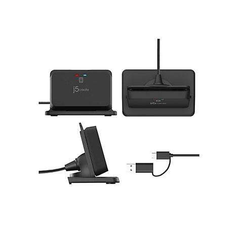 Mehrere Ansichten eines schwarzen Kartenlesegeräts mit Logo. Verschiedene Perspektiven und ein Kabel mit USB-C-Anschluss.