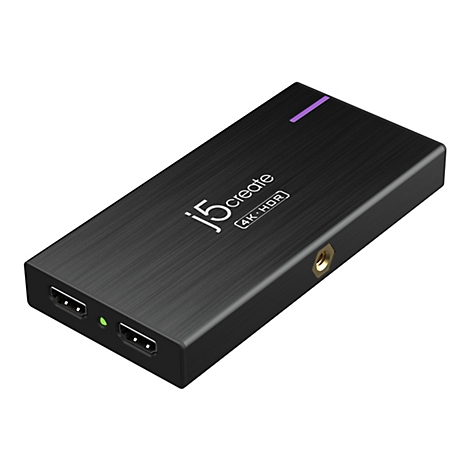 Schwarzer HDMI-Adapter mit Logo „j5create“ und Anschlüssen. Oben ein violetter Streifen, unten HDMI-Anschlüsse.