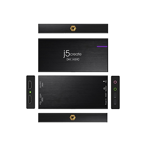 Schwarzes Produkt, oben und unten mit goldenen Anschlüssen. Der Schriftzug "j5create 4K HDR" ist auf der Vorderseite zu sehen. Seitlich Anschlüsse: HDMI, Mic, Speaker.
