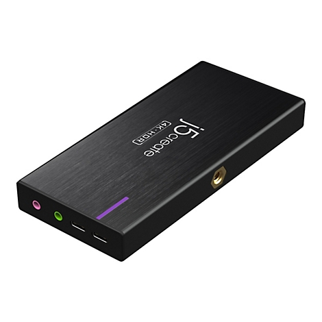 Schwarzes rechteckiges Gerät mit abgerundeten Kanten. Auf der Oberseite steht 'j5create' und '4K HDR'. Es hat Anschlüsse für Audio und USB.