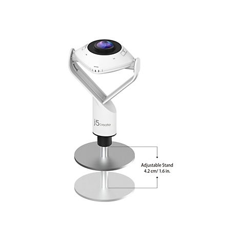 Eine weiße, runde Überwachungskamera auf einem verstellbaren, silberfarbenen Ständer. Der Text lautet: Verstellbarer Ständer, 4,2 cm/1,6 Zoll.