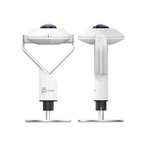 Zwei weiße Geräte mit schwarzem Sockel und einer kugelförmigen Linse. Auf einem steht "j5create".