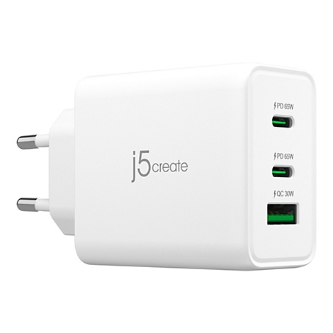 Weißes USB-Ladegerät, EU-Stecker, drei Anschlüsse mit grünen Anzeigen, PD 65W und QC 30W.