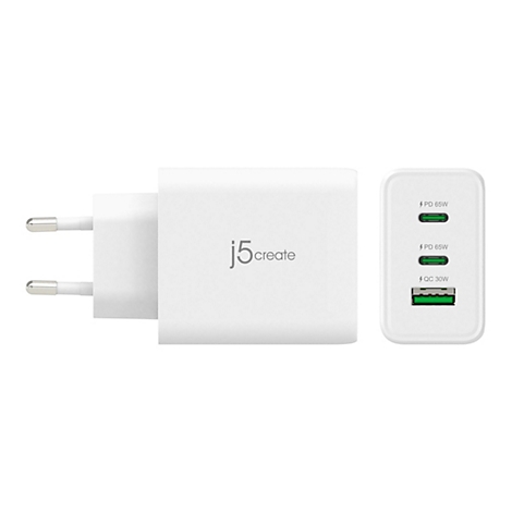 Weißes Ladegerät mit EU-Stecker und drei USB-Anschlüssen. Aufschrift: j5create, PD 65W, QC 30W.