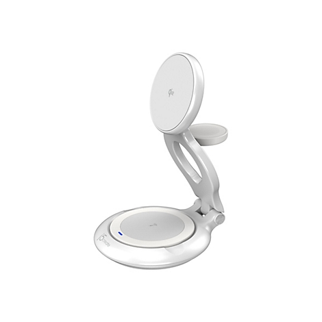 Chargeur sans fil blanc avec bras réglable et surface de chargement ronde. Au-dessus se trouve une zone ronde pour un autre appareil.