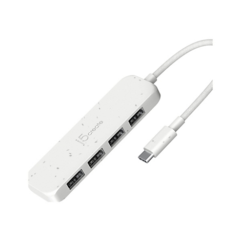 Un hub USB-C blanc avec plusieurs ports. Le hub porte la marque "j5create" et a une surface claire et marbrée. Un câble avec un connecteur USB-C est connecté.