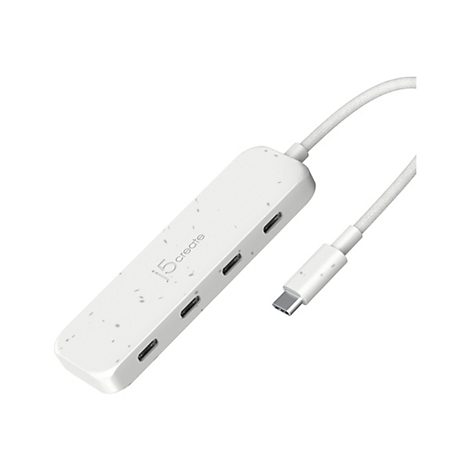 Hub USB-C blanc avec plusieurs ports. Le hub est étiqueté avec "j5 create" et a une finition texturée.