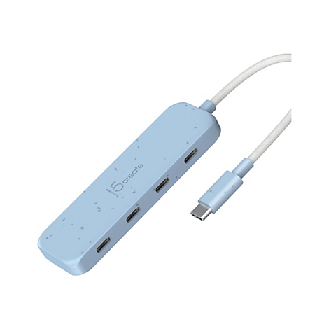 Hub USB-C bleu clair avec plusieurs ports et un câble tressé gris. "j5create" est imprimé sur le hub.