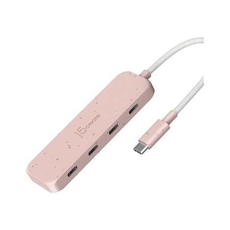 Hub USB-C rose à plusieurs ports, connecté à un câble et un connecteur tressé blanc, sur fond blanc.