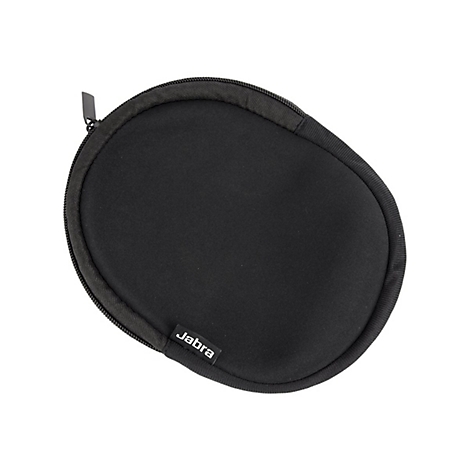 Étui noir ovale pour casque Jabra avec fermeture éclair, logo blanc et fond blanc.