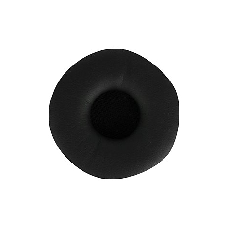 Gros plan d'un coussinet d'oreille de casque noir avec un maillage noir au centre sur fond blanc.