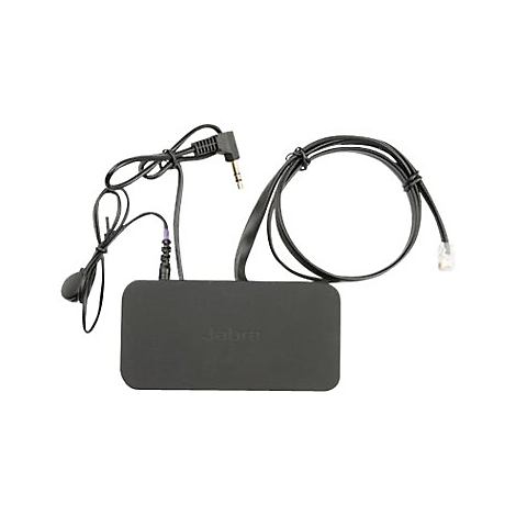 Casque Jabra noir avec fils, prises et une connexion pour le téléphone fixe. Jabra est sur la surface.