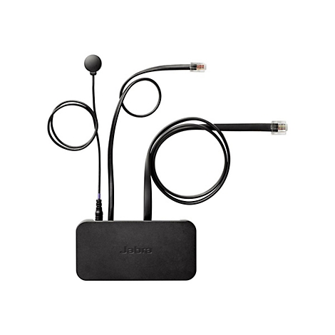 Casque Jabra noir avec microphone et deux câbles. Jabra est écrit sur l'appareil.
