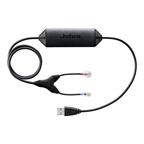 Câble Jabra noir, connecteur USB, deux connecteurs téléphoniques et unité de contrôle, le tout sur fond blanc.