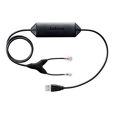Câble Jabra noir avec connecteurs RJ9 et USB. La partie centrale porte l'inscription Jabra.