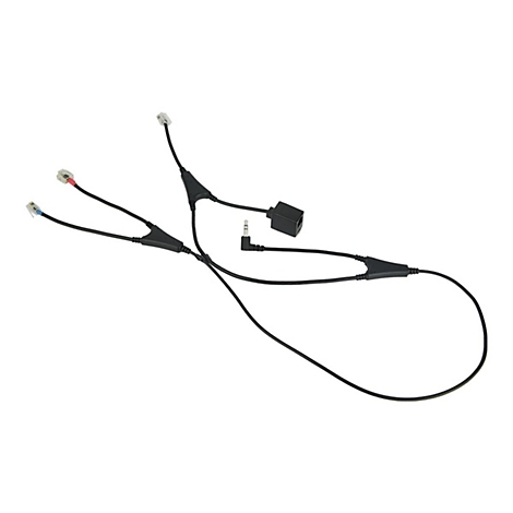 Un câble noir avec plusieurs connecteurs, dont RJ11 et jack, sur fond blanc.