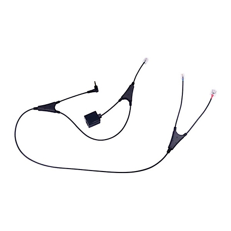 Câble adaptateur noir avec plusieurs connecteurs, prise jack, RJ-45 et fiche jack, sur fond blanc.