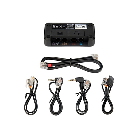 Appareil Jabra noir avec divers câbles et connecteurs, dont AUX et COM. Inscription: Jabra GN.