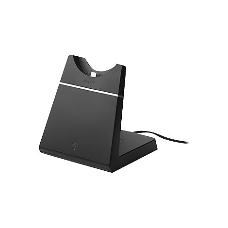 Station de recharge noir avec un accent argenté et le logo Jabra. Câble à droite, sur fond blanc.