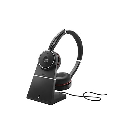 Casque noir avec un accent rouge, sur une station d'accueil. Le logo Jabra est visible.