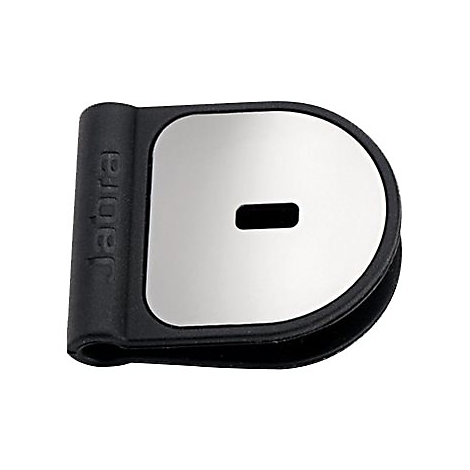 Clip noir, surface argentée avec trou rectangulaire, lettrage Jabra.