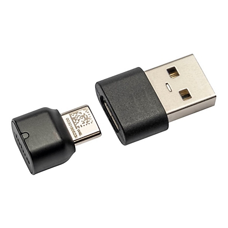 Adaptateur USB-C vers USB avec boîtier noir et connecteur USB argenté. L'adaptateur est détaché.