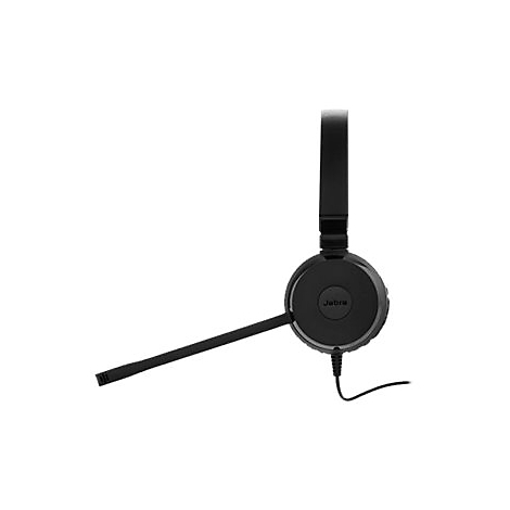 Casque Jabra noir avec serre-tête, microphone et câble sur fond blanc.