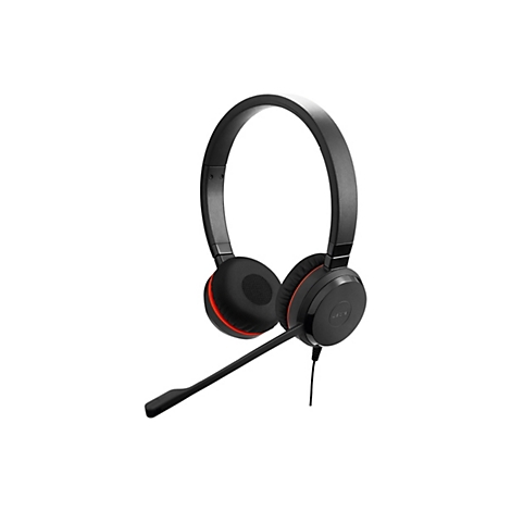 Casque noir avec des touches de rouge et un microphone. Sur fond blanc.