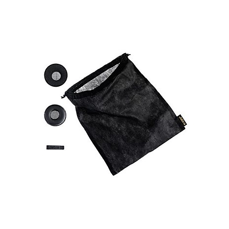 Coussinets d'oreille de casque noirs et un sac. Un insert noir rectangulaire et plat se trouve à côté.