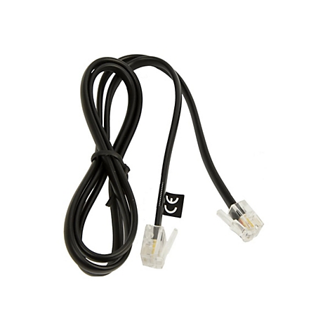 Câble téléphonique noir avec deux connecteurs RJ11 transparents. Une marque CE est présente sur le câble.