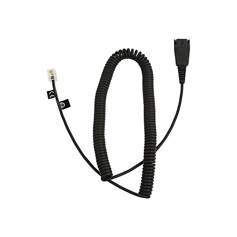Câble téléphonique noir avec deux connecteurs. L'un est un connecteur RJ9, l'autre un connecteur propriétaire.