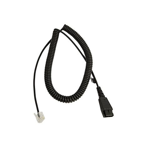 Câble téléphonique noir avec spirale enroulée, connecteur RJ et connecteur spécial.