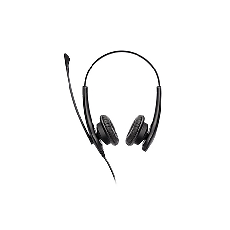 Schwarzes Headset mit Bügel und Mikrofon, isoliert auf weißem Hintergrund.