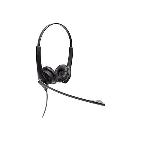 Schwarzes Headset mit Bügel und Mikrofon vor weißem Hintergrund. Das Logo von Jabra ist am Bügel zu sehen.