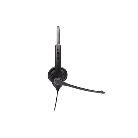 Schwarzes Jabra Headset mit Mikrofonarm und Kabel, vor weißem Hintergrund.