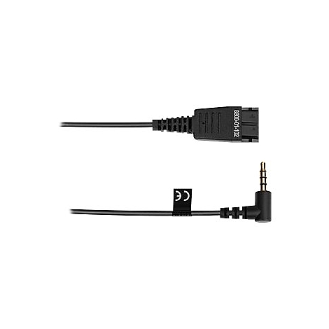 Ein schwarzes Headset-Kabel mit einem rechteckigen Stecker und einem rechtwinkligen Klinkenstecker, das auf weißem Hintergrund abgebildet ist.