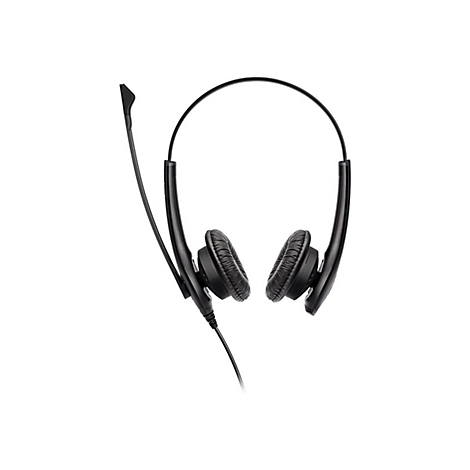 Schwarzes Headset mit Bügel und Mikrofon, auf weißem Hintergrund.